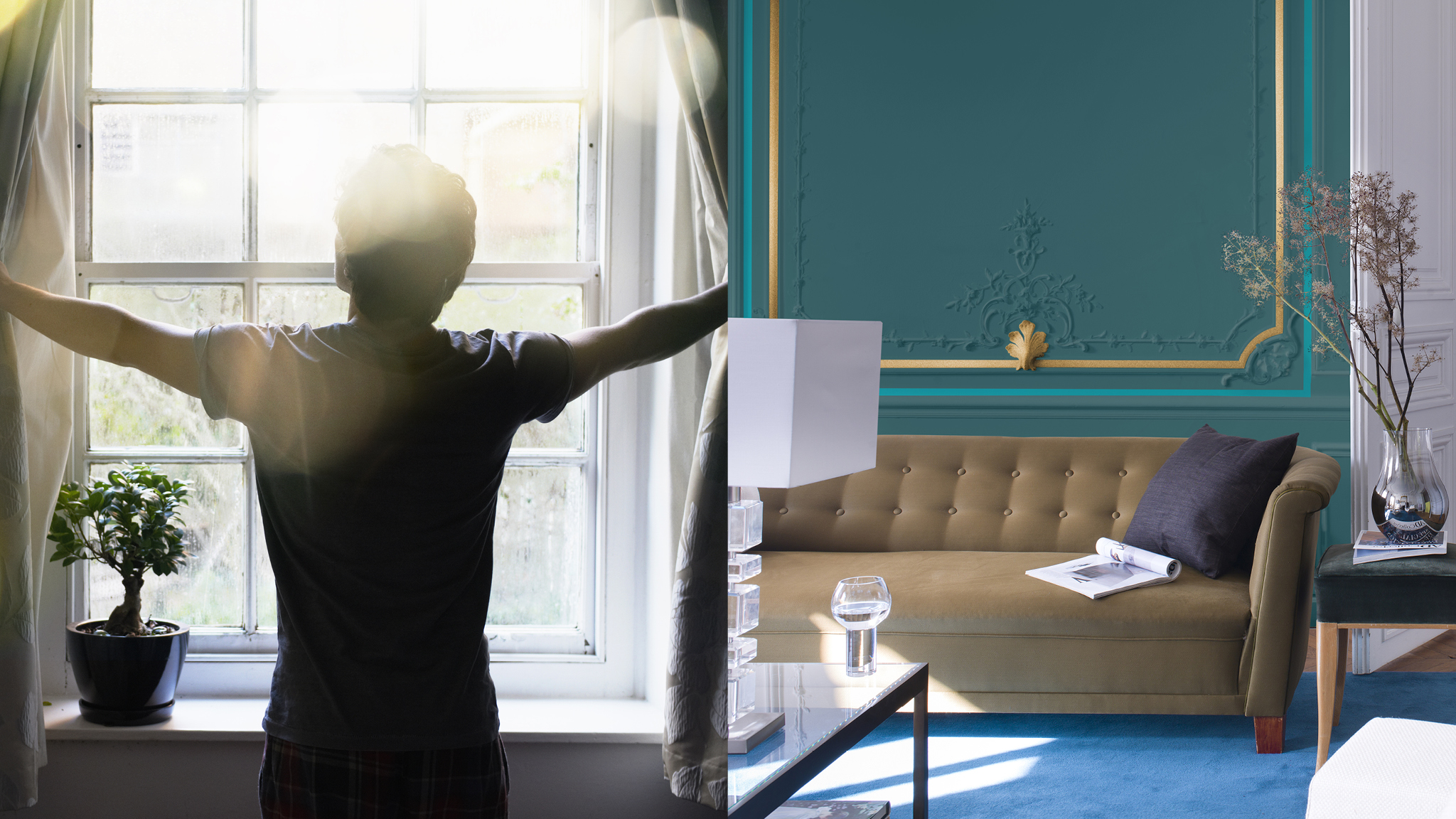 A beautiful bright living room В комнатах с окнами на восход за день происходит больше всего изменений в освещении. На рассвете свет немного розоватый, а с подъемом солнца он переходит в голубоватый.