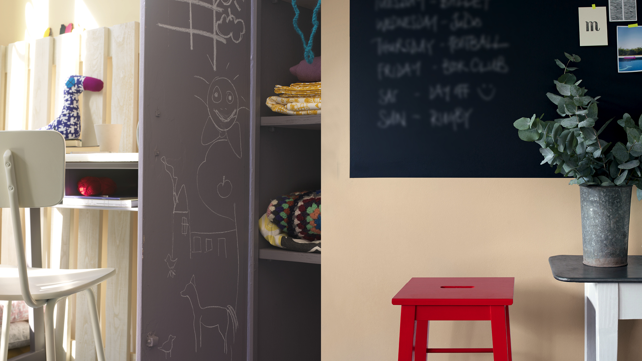 Create a fun scheme with blackboard paint Черная краска для доски для записей — не только интересное интерьерное решение, но и практичный ход. Дети могут использовать ее для рисунков или прописей.